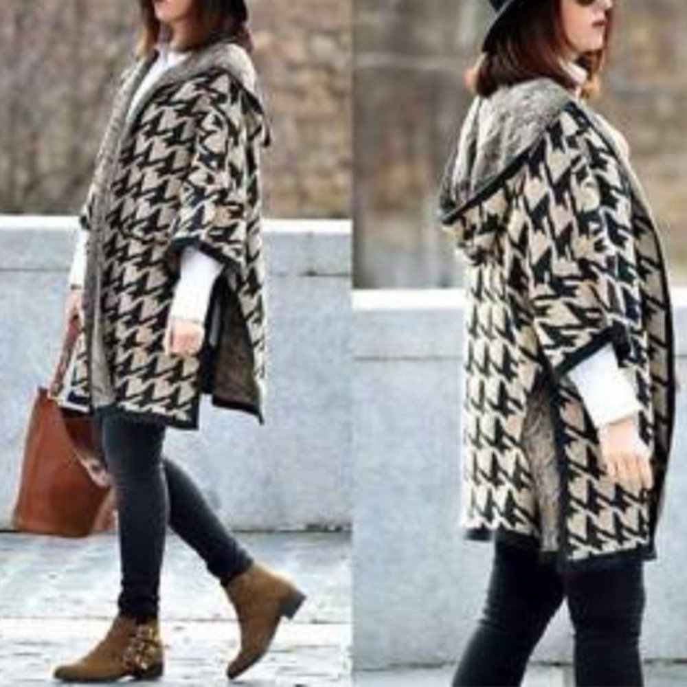 Zara Knit Houndstooth Chunky Cape Poncho Cardigan Brown Black Sz M - Picture 2 of 6